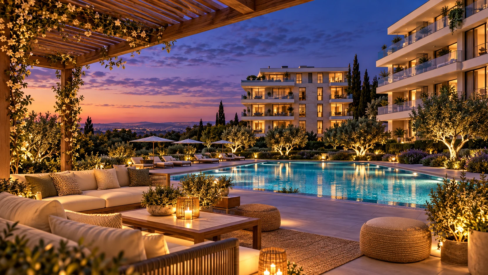 Piscina y zona chill out al anochecer, con pérgola y sofás de exterior