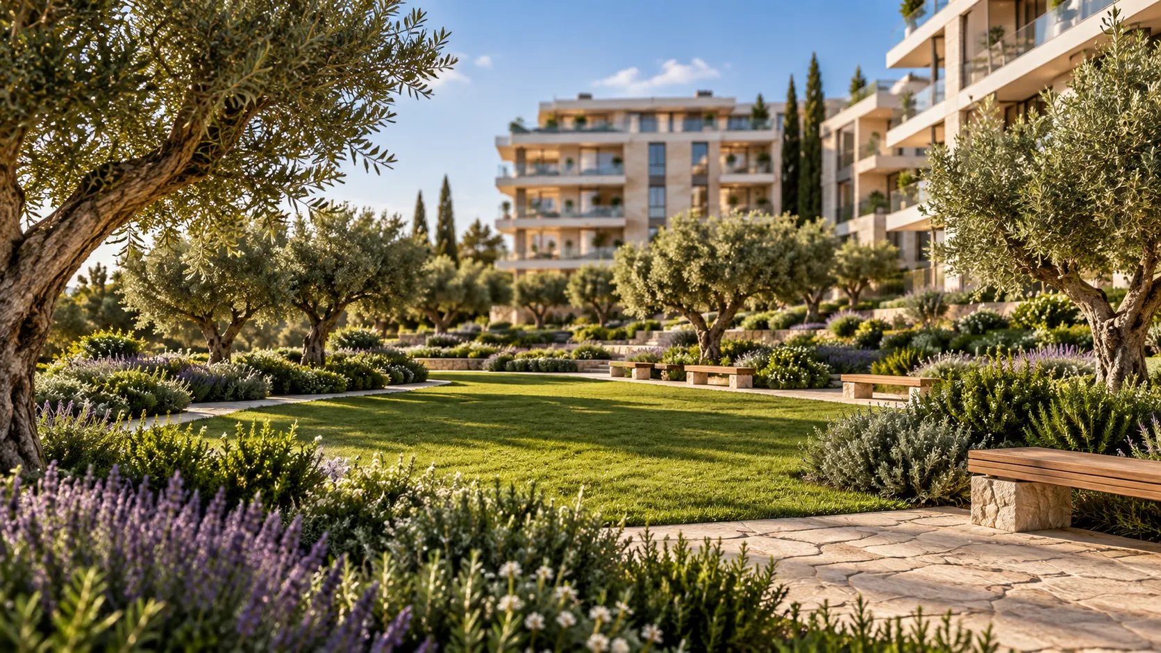 Zonas verdes comunitarias con olivos, lavanda y caminos de piedra