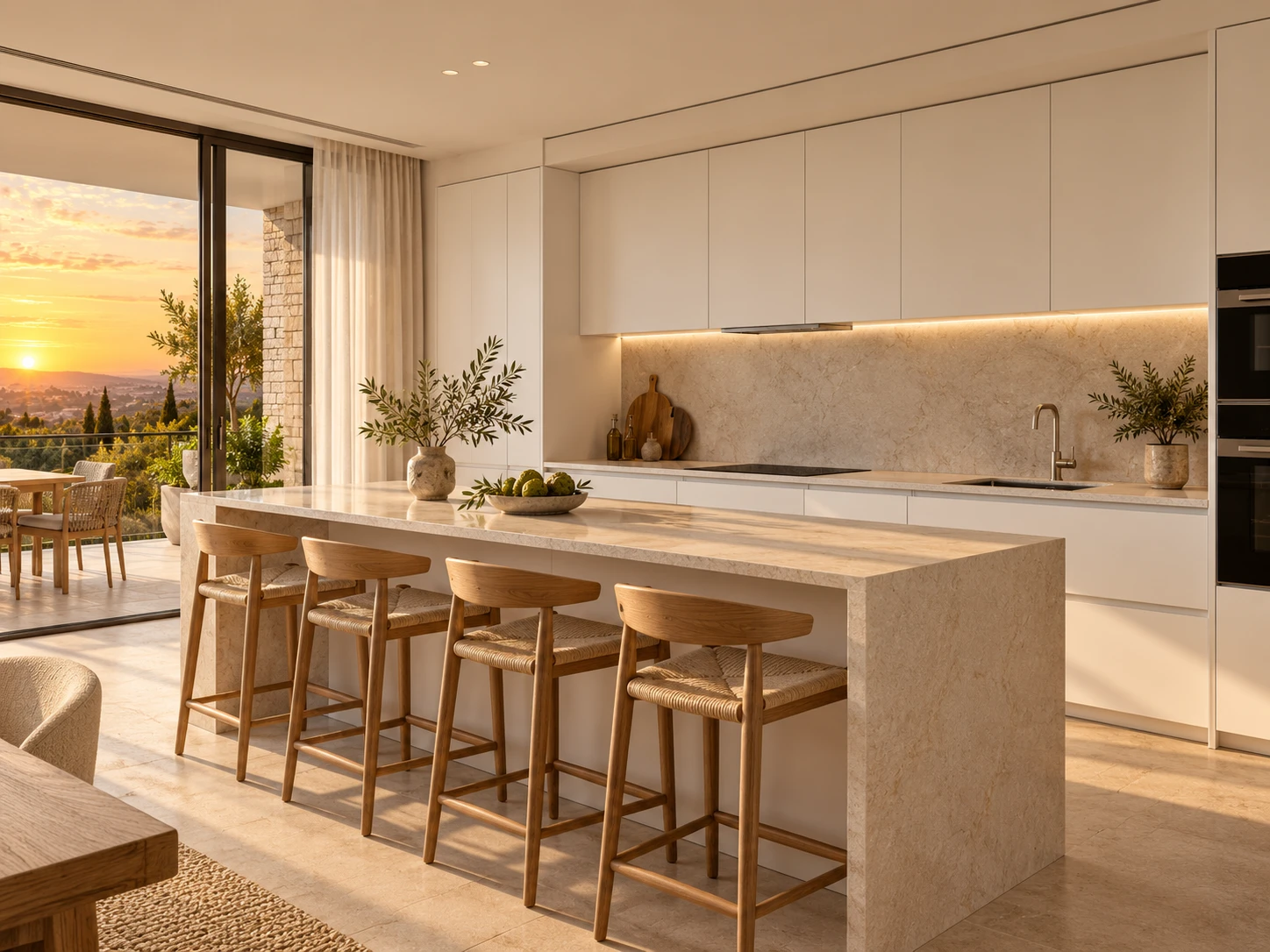 Cocina abierta con isla, taburetes de madera y salida a la terraza