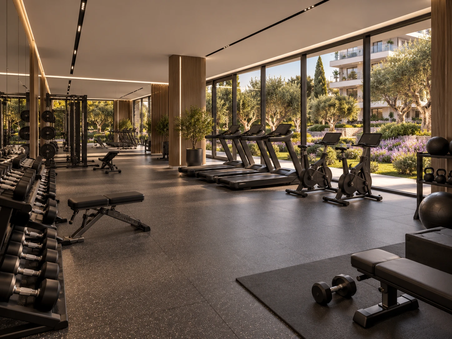 Gimnasio comunitario con ventanal corrido al jardín