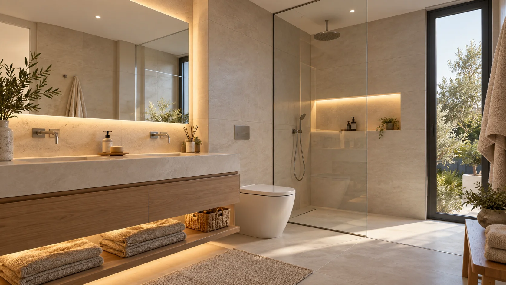 Baño principal con encimera de piedra, ducha de obra y ventanal al jardín