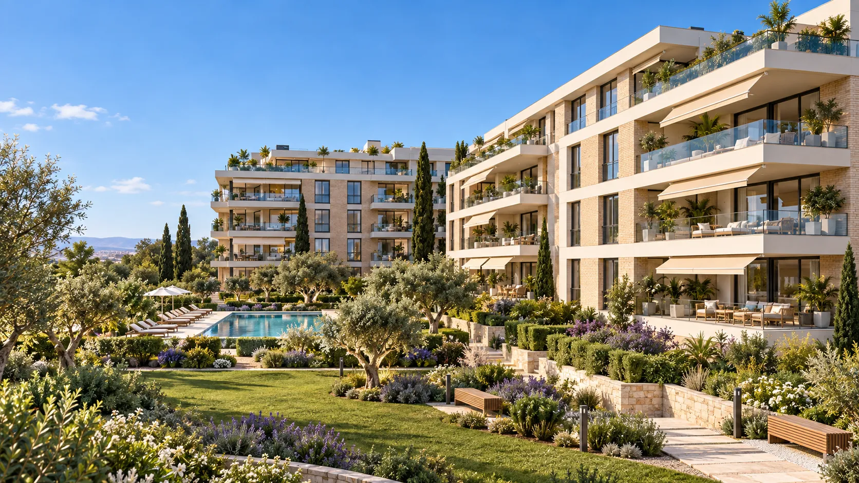 El conjunto residencial visto desde los jardines, con la piscina y los olivos