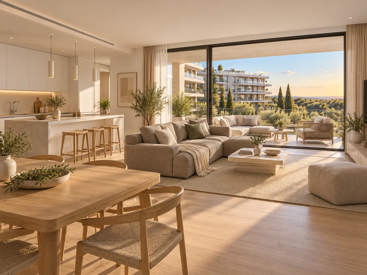 Salón comedor con cocina abierta y salida a la terraza